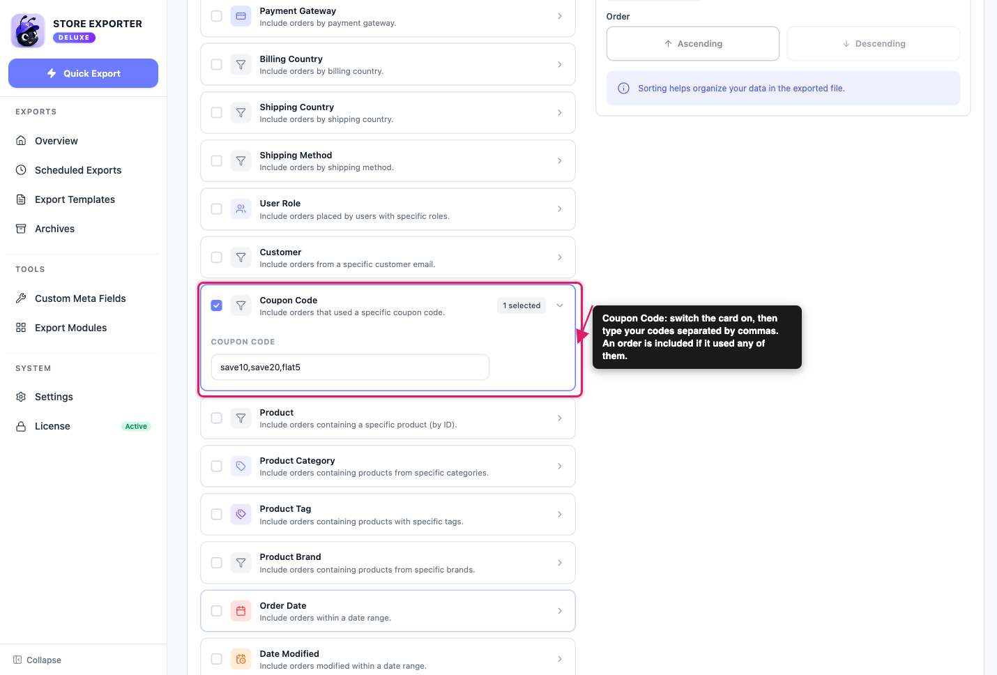 export-orders-by-multiple-coupons-02-coupon-code-filter - Visser Labs The Filters and Sorting step with the Coupon Code card ticked and save10,save20,flat5 typed in the Coupon code box
