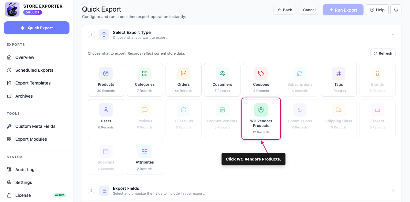 The Select Export Type grid with the WC Vendors Products tile highlighted and a callout that says to click it