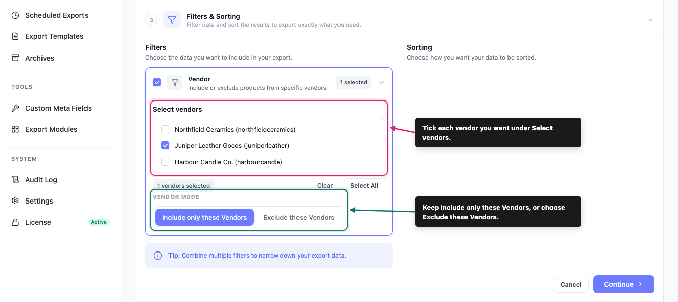 The Filters and Sorting step with the Vendor card open, one vendor ticked under Select vendors, and Vendor mode set to Include only these Vendors