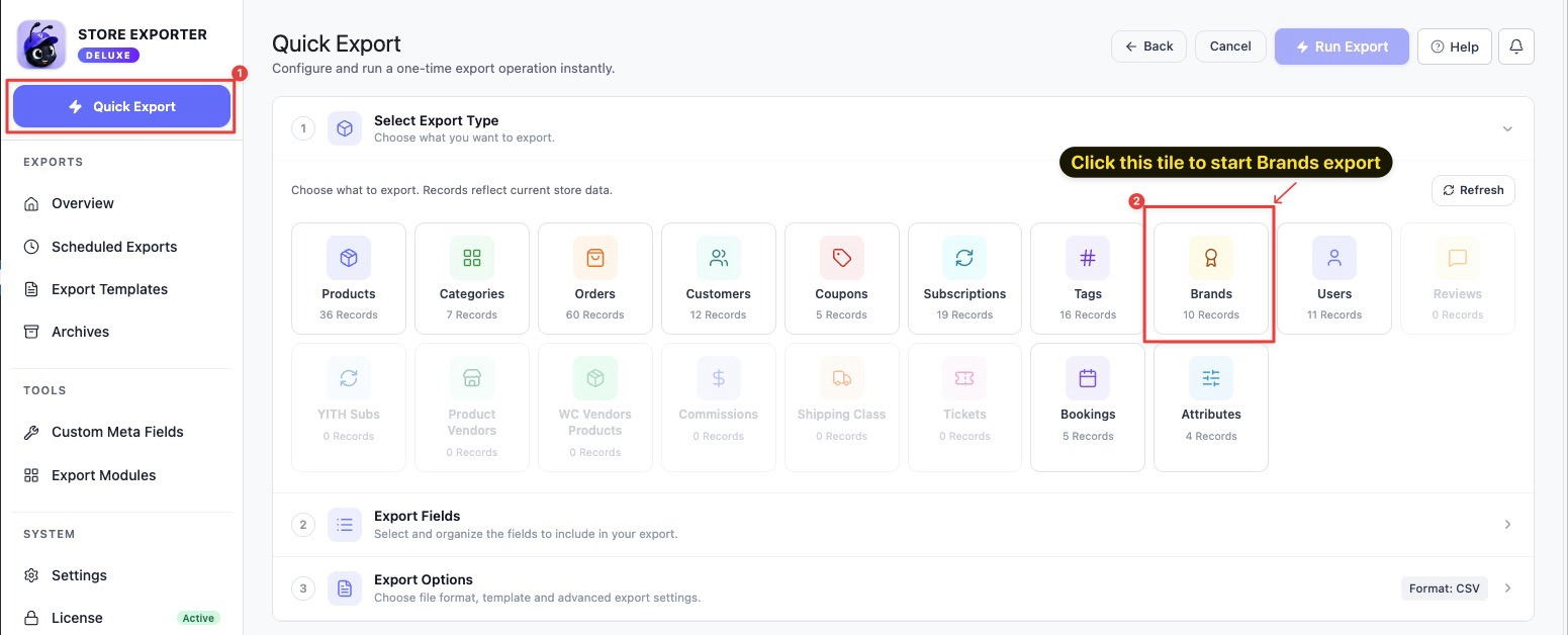 export-woocommerce-brands-quick-export-select-type - Visser Labs De stap Selecteer Exporttype in Snelle Export met de tegel Merken gemarkeerd