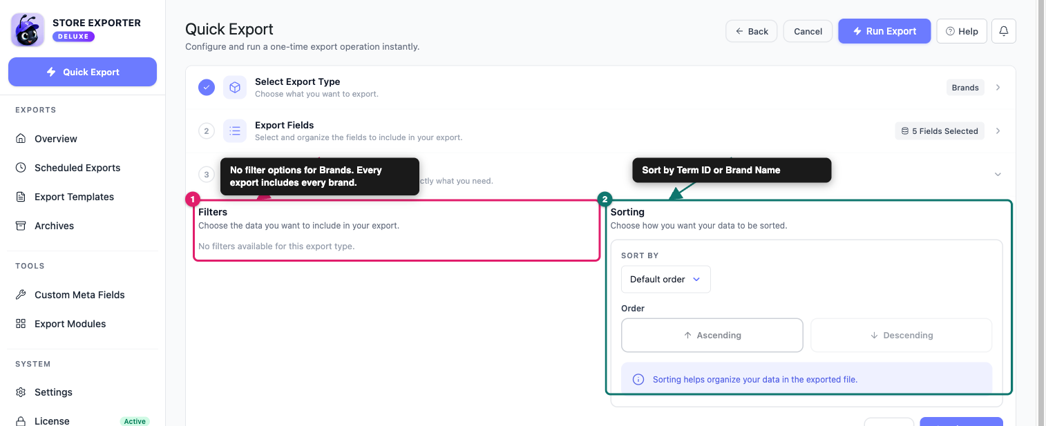 export-woocommerce-brands-v3-03-filters-sorting - Visser Labs De stap Filters en sortering die het bericht Geen filters beschikbaar toont naast het paneel Sorteren, met Oplopend en Aflopend vervaagd