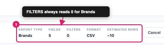 export-woocommerce-brands-v3-04-export-summary - Visser Labs De export samenvattingsbalk die Exporttype Merken, 5 Velden, 0 Filters, CSV-formaat en geschatte rijen toont