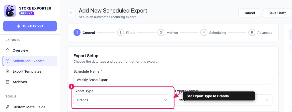 export-woocommerce-brands-v3-05-scheduled-export-brands - Visser Labs Het veld Exporttype op de stap Algemeen van Nieuwe Geplande Export, ingesteld op Merken