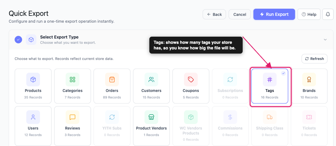 export-woocommerce-tags-01-export-type-tags - Visser Labs The Select Export Type step in Quick Export with the Tags tile highlighted and showing its record count
