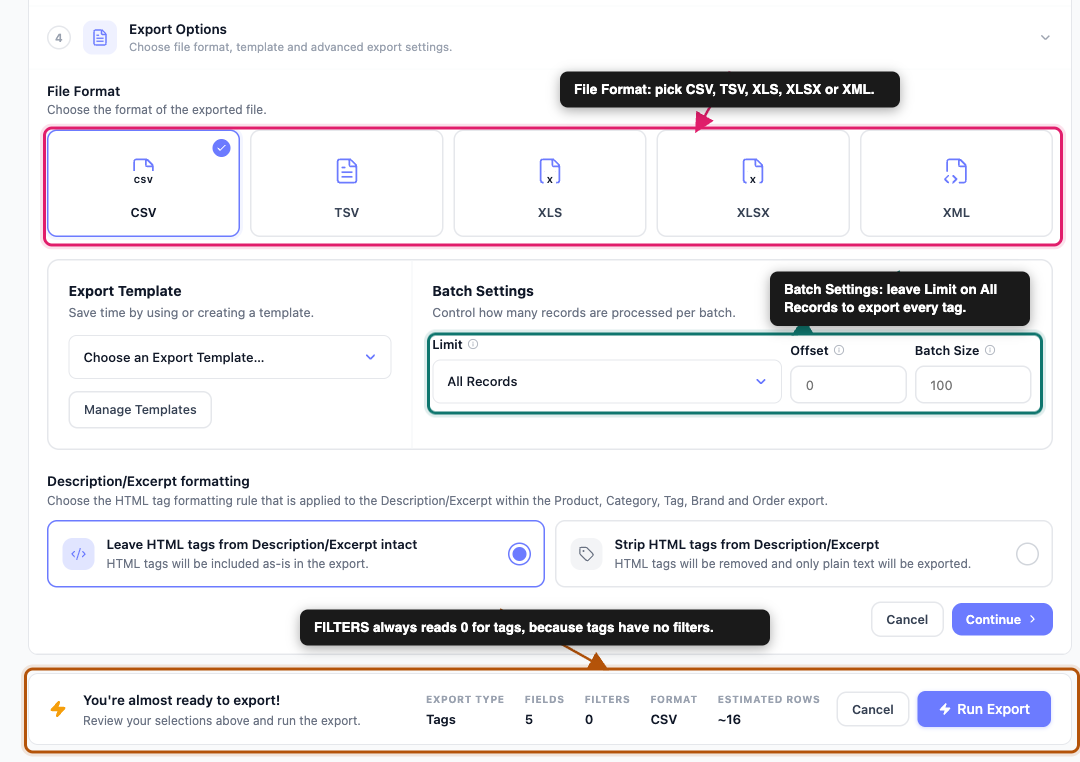 export-woocommerce-tags-04-export-options-summary - Visser Labs The Export Options step with the file format cards and Batch Settings, above the export summary bar showing Tags, 5 fields, 0 filters, CSV and about 16 rows