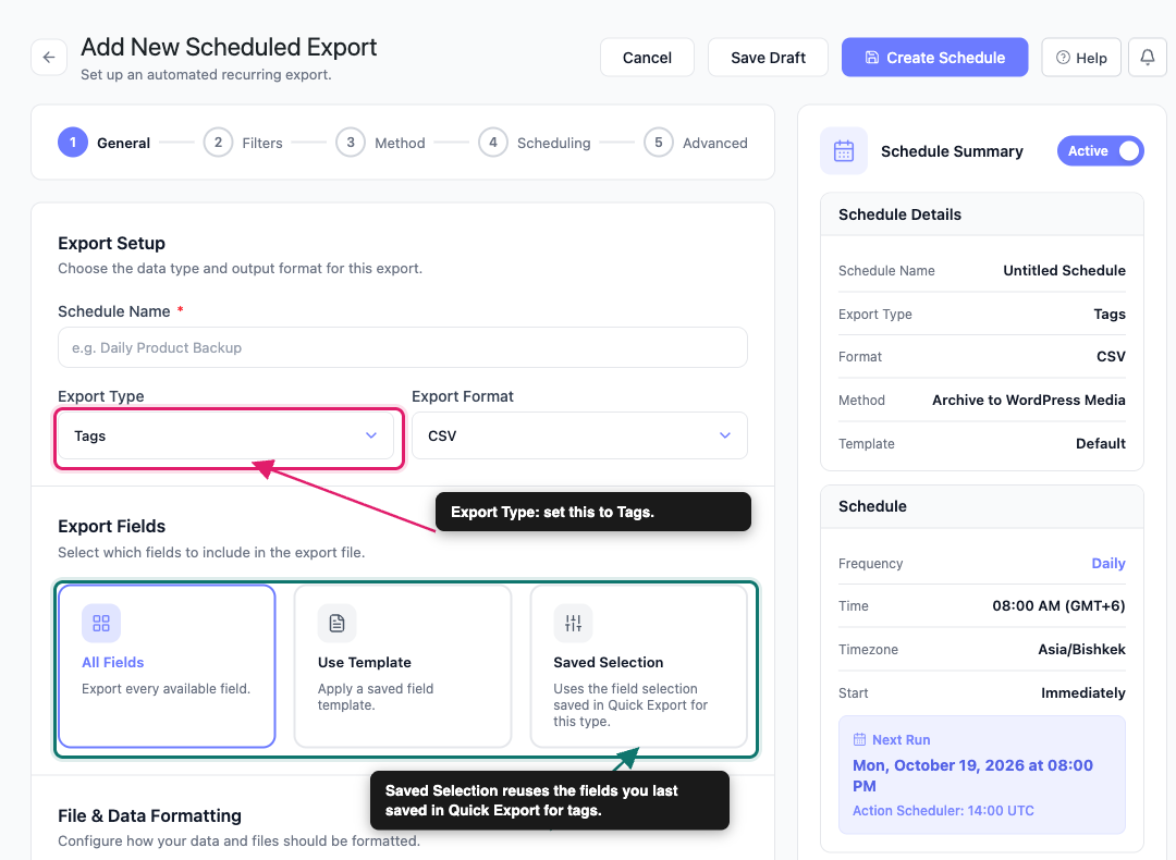 export-woocommerce-tags-05-scheduled-export-tags - Visser Labs The General step of a new scheduled export with Export Type set to Tags and the Export Fields options below it