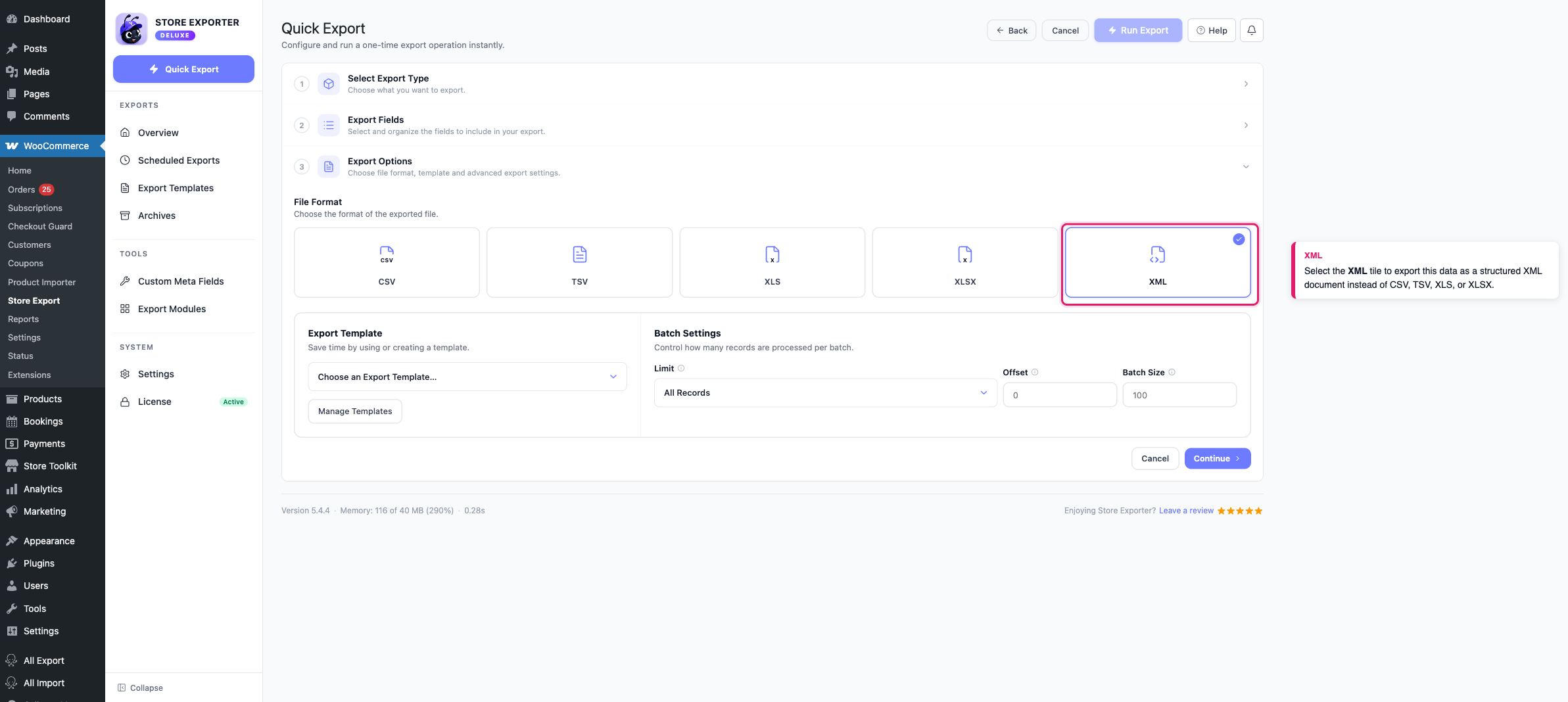 exporting-woocommerce-data-to-xml-01-format-tiles - Visser Labs The Quick Export File Format step with the XML tile selected