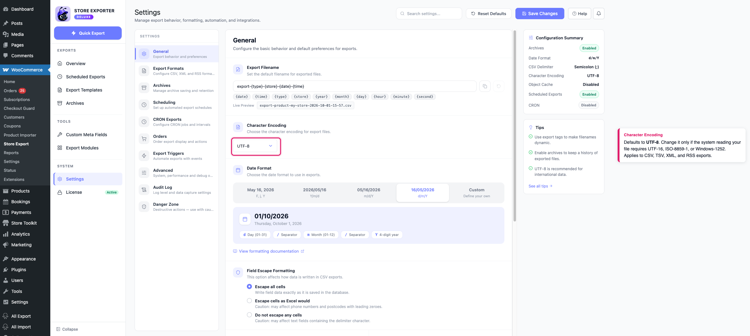 exporting-woocommerce-data-to-xml-02-encoding-setting - Visser Labs The Settings General panel with the Character Encoding dropdown highlighted