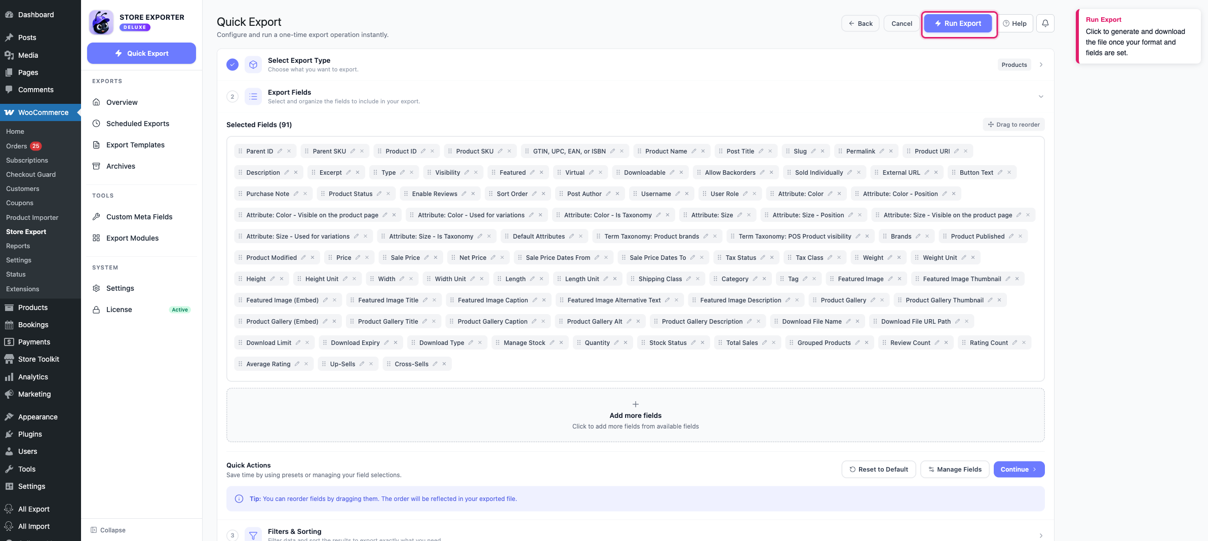 exporting-woocommerce-data-to-xml-03-run-export - Visser Labs The Quick Export screen with the Run Export button highlighted
