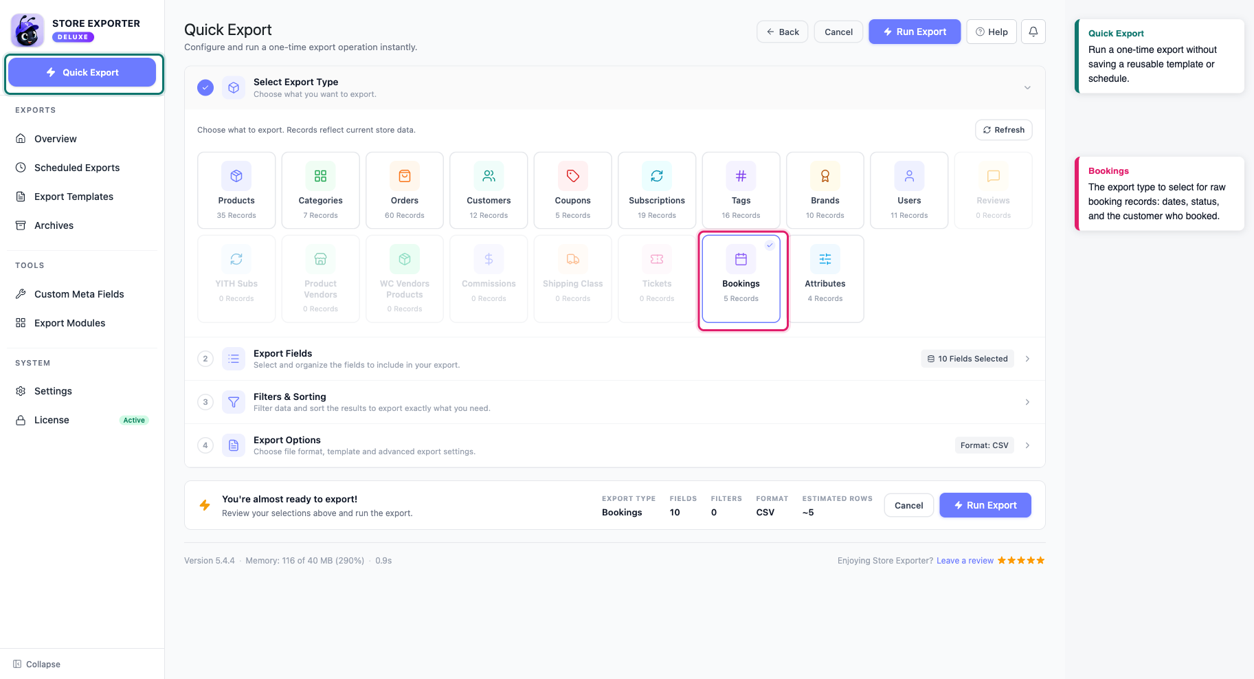 how-to-export-woocommerce-bookings-01-booking-01-select-type - Visser Labs De stap Selecteer Exporttype met de Bookings-tegel gemarkeerd tussen de andere exporttypen
