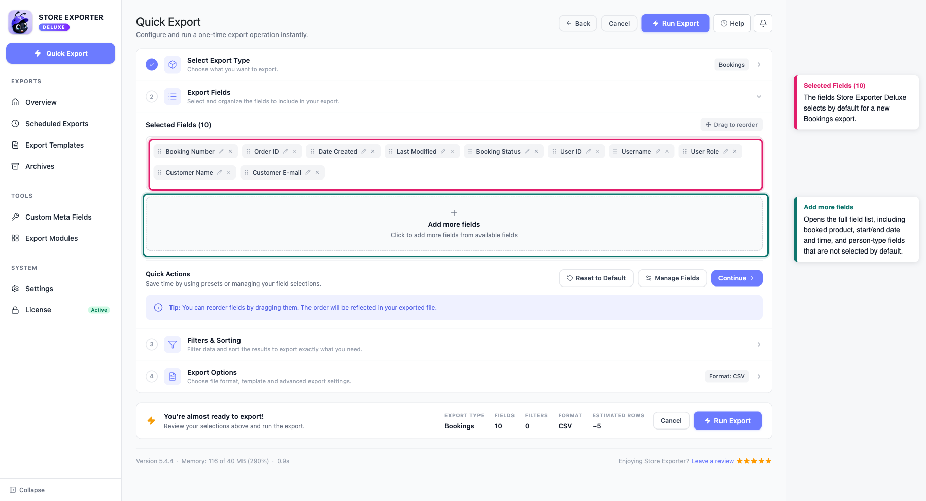 how-to-export-woocommerce-bookings-02-booking-02-export-fields - Visser Labs De stap Exportvelden die de 10 standaard geselecteerde boekingsvelden en de knop Meer velden toevoegen toont