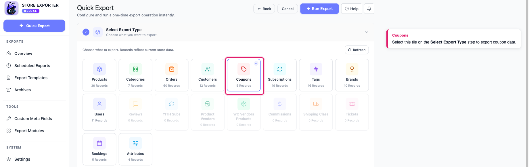 how-to-export-woocommerce-coupons-01-how-to-export-woocommerce-coupons-01-select-type - Visser Labs The Select Export Type step with the Coupons tile selected, shown by its checkmark and highlighted border