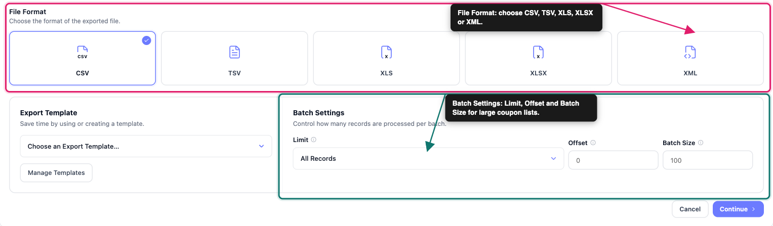 how-to-export-woocommerce-coupons-01-how-to-export-woocommerce-coupons-05-export-options-step - Visser Labs The Export Options step showing the File Format tiles (CSV, TSV, XLS, XLSX, XML) and the Batch Settings panel with Limit, Offset, and Batch Size fields