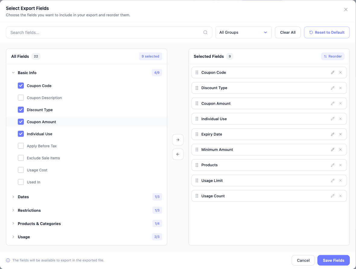 how-to-export-woocommerce-coupons-02-how-to-export-woocommerce-coupons-02-export-fields - Visser Labs The Select Export Fields dialog showing All Fields grouped by category on the left and the 9 Selected Fields on the right
