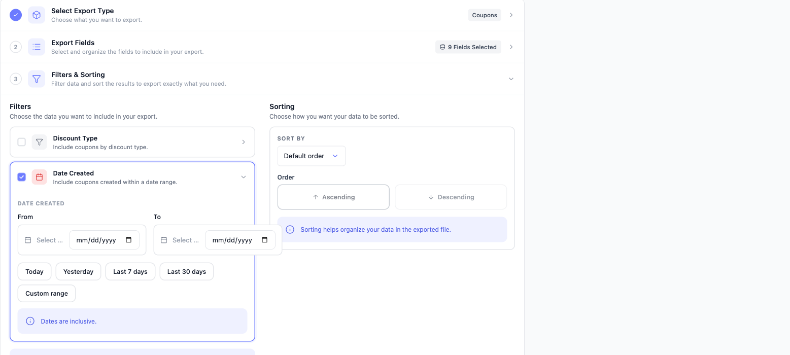 how-to-export-woocommerce-coupons-03-how-to-export-woocommerce-coupons-03-filters-sorting - Visser Labs The Filters and Sorting step with Date Created expanded showing the From and To date pickers, preset buttons, and the Sorting panel with Ascending and Descending greyed out