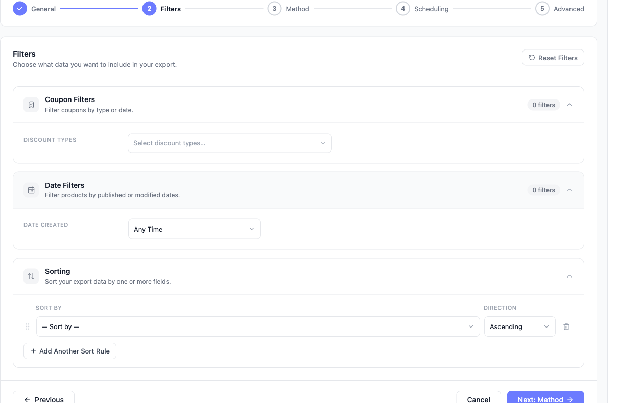 how-to-export-woocommerce-coupons-04-how-to-export-woocommerce-coupons-04-scheduled-filters - Visser Labs The Add New Scheduled Export Filters step for Coupons, showing the expanded Coupon Filters and Date Filters cards above the Sorting panel