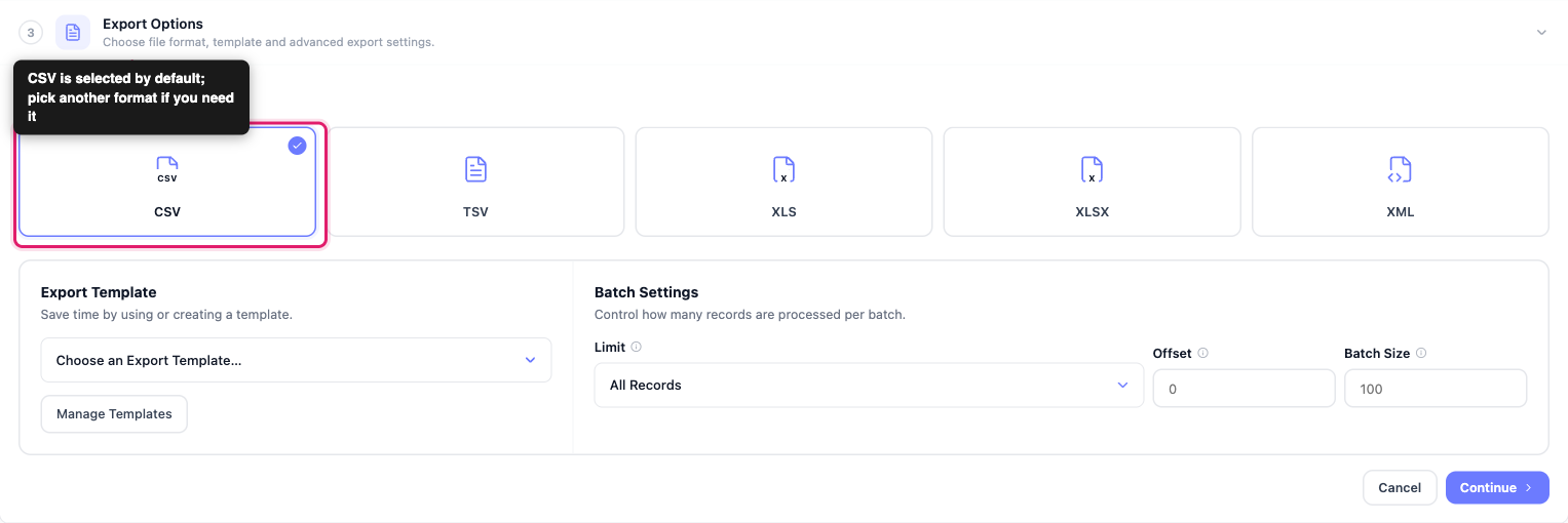 how-to-export-yith-subscriptions-01-export-options-step-raw - Visser Labs De stap Exporteer opties voor YITH Subs met de vijf bestandsindelingkeuzes, de Export Template-kiezer en Batchinstellingen
