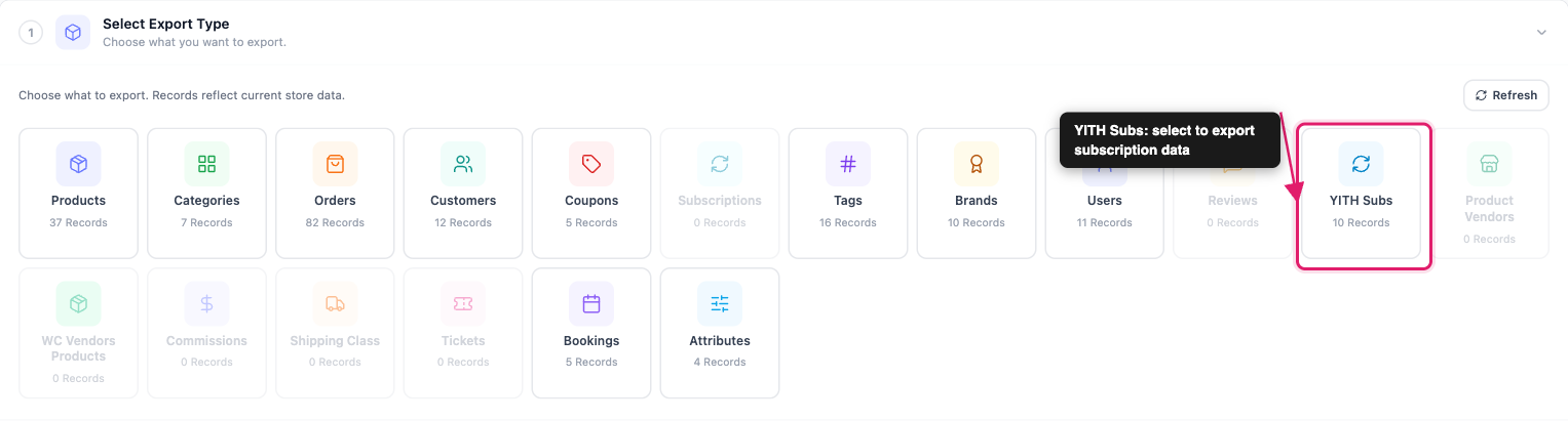 how-to-export-yith-subscriptions-01-export-type-grid-10records - Visser Labs De stap Selecteer exporttype met de YITH Subs-tegel gemarkeerd tussen de andere exporttypen, met het live aantal records