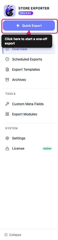 how-to-export-yith-subscriptions-01-quick-export-entry-point - Visser Labs De Store Export-zijbalk met de knop Snelle Export gemarkeerd onder het Store Exporter Deluxe-logo