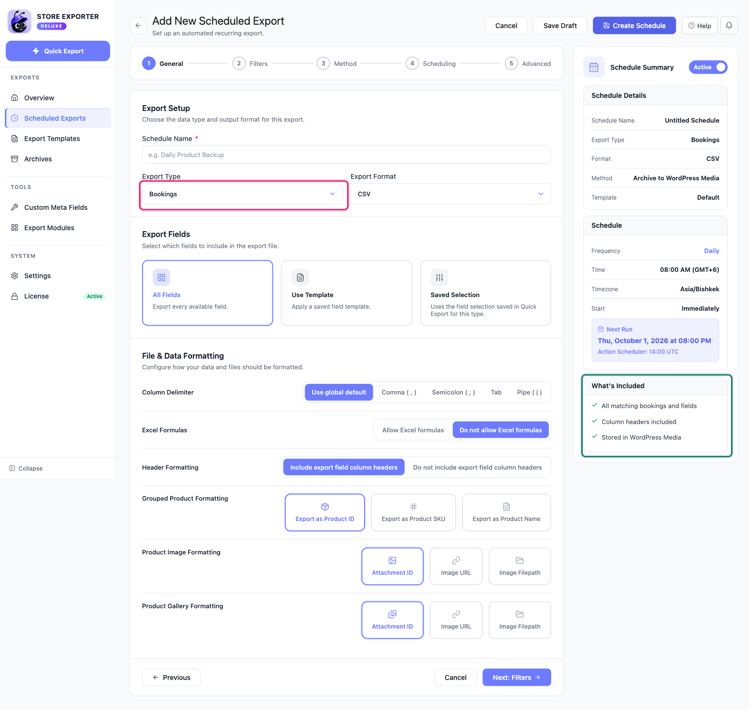 store-exporter-deluxe-bookings-schedule-general-step - Visser Labs De stap Algemeen van een nieuwe geplande export met Bookings geselecteerd als Exporttype en de opties Alle velden, Sjabloon gebruiken en Opgeslagen selectie
