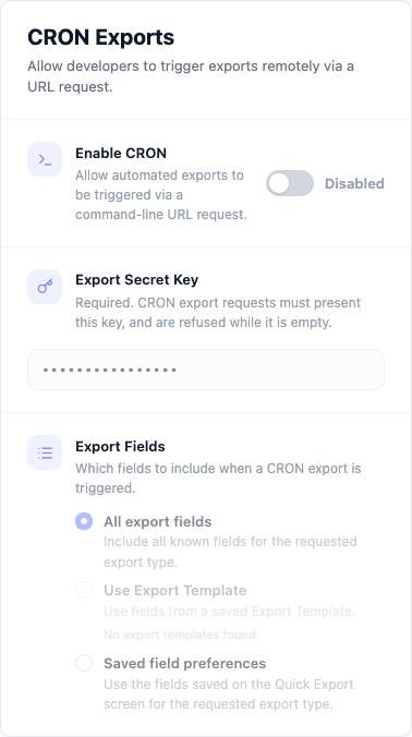 store-exporter-deluxe-cron-exports-panel - Visser Labs The CRON Exports settings panel showing the Enable CRON toggle and the required Export Secret Key field