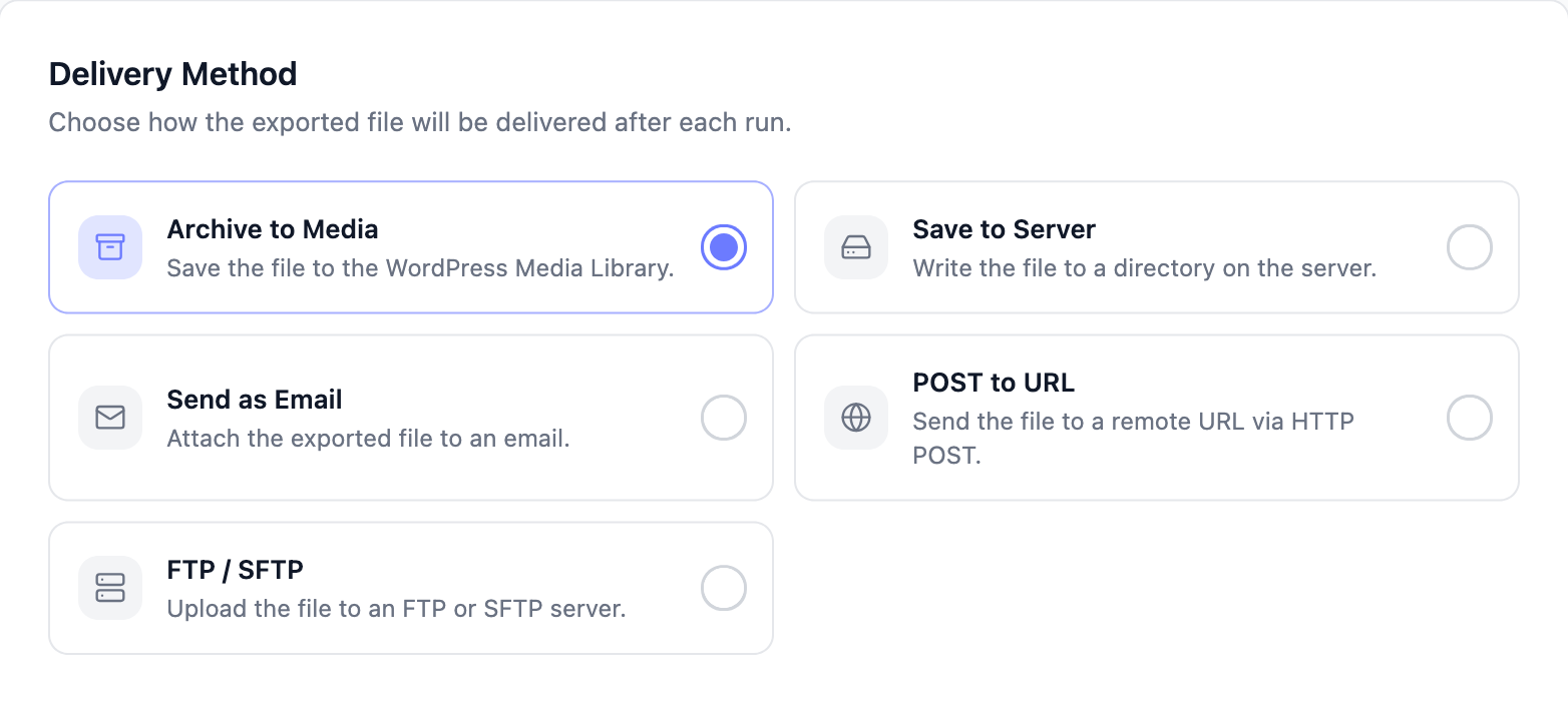 store-exporter-deluxe-scheduled-export-method-step-delivery-cards - Visser Labs Method step of the scheduled export wizard showing the Archive to Media, Save to Server, Send as Email, POST to URL and FTP / SFTP delivery cards