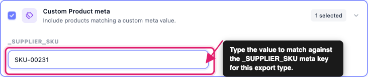 using-the-quick-export-screen-01-quick-export-custom-meta-filter - Visser Labs The Custom Product meta filter card expanded, with a callout on the value field under the registered meta key