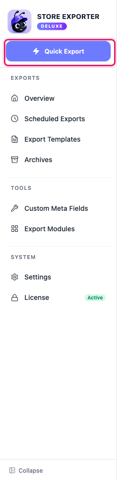 using-the-quick-export-screen-01-quick-export-sidebar-location - Visser Labs The Store Exporter Deluxe sidebar with the standalone Quick Export button highlighted above the EXPORTS group