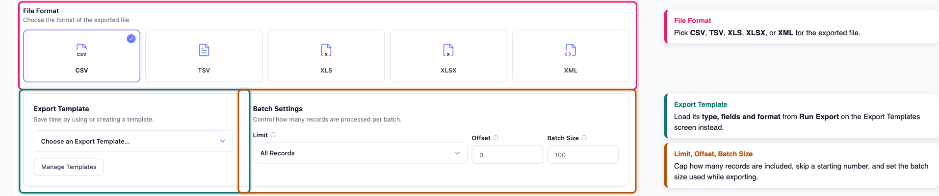 using-the-quick-export-screen-04-quick-export-options-step-1 - Visser Labs The Export Options step with callouts on the File Format tiles, the Export Template dropdown, and the Limit, Offset, and Batch Size fields
