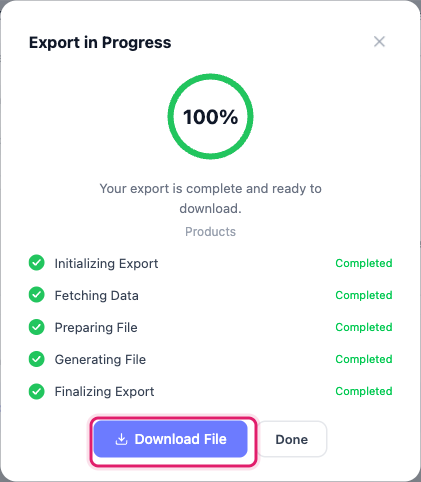 using-the-quick-export-screen-05-quick-export-download-complete - Visser Labs The export progress dialog at 100%, with a callout on the Download File button after a completed export